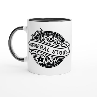 A white ceramic mug features a black handle and rim, displaying a logo for Pierre's General Store in Pelican Town from Stardew Valley.