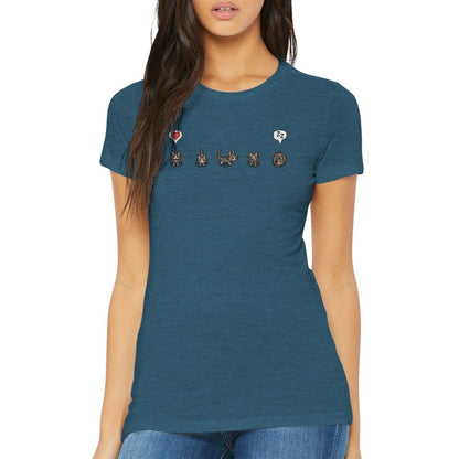 A woman wearing a grey Stardew Valley T-Shirt featuring illustrations of cats and emotes across the chest.
