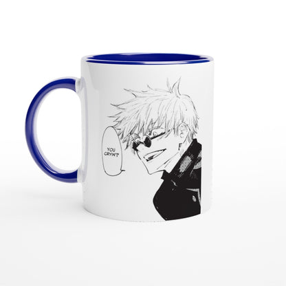A black and white illustration from Jujutsu Kaisen manga panel depicts Satoru Gojo wearing sunglasses and a speech bubble reads "You Cryin'?" on an 11oz ceramic mug.