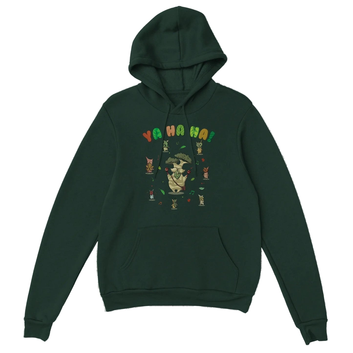 Green Zelda hoodie with a colorful Hestu and Koroks graphic design on a white background