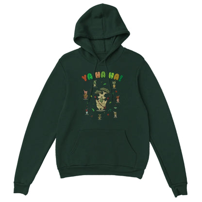 Green Zelda hoodie with a colorful Hestu and Koroks graphic design on a white background