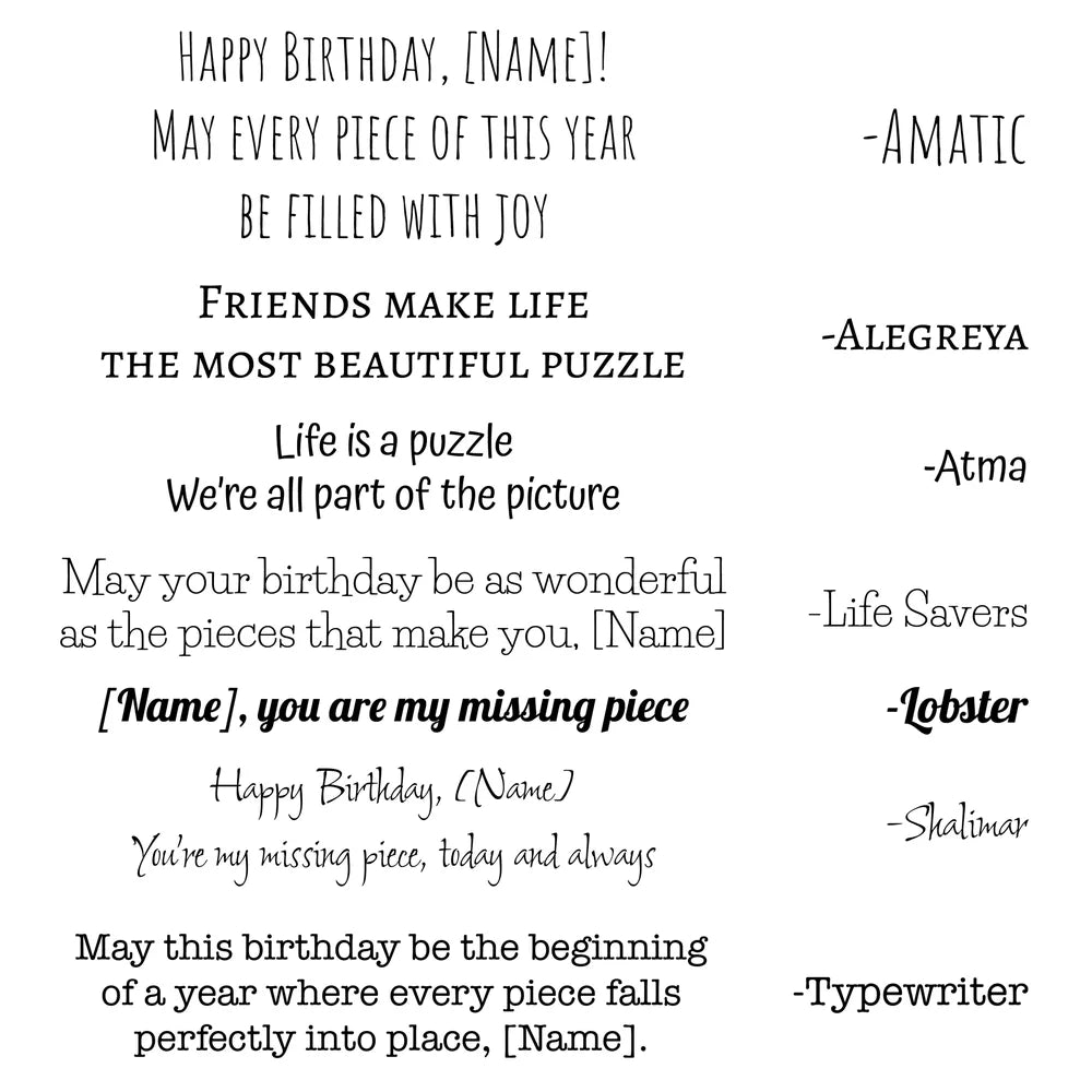 The image displays a collection of birthday messages referencing puzzles and missing pieces, each signed with unique names like Amatic, Alegreya, and Typewriter.