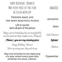 The image displays a collection of birthday messages referencing puzzles and missing pieces, each signed with unique names like Amatic, Alegreya, and Typewriter.