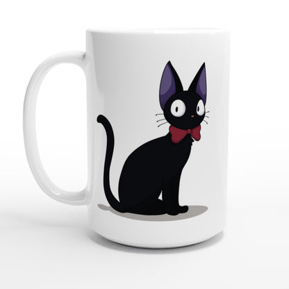A white mug displays an illustration of Gigi the Cat, a black cat wearing a red bow tie, inspired by Studio Ghibli's Kiki's Delivery Service.