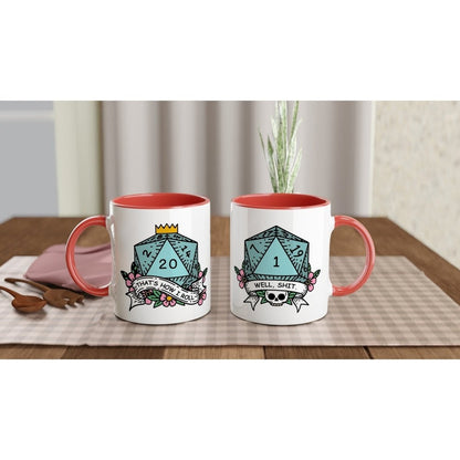 Two white ceramic mugs with red handles feature D&D-themed designs depicting a d20 die and phrases referencing critical fails and "That's How I Roll.