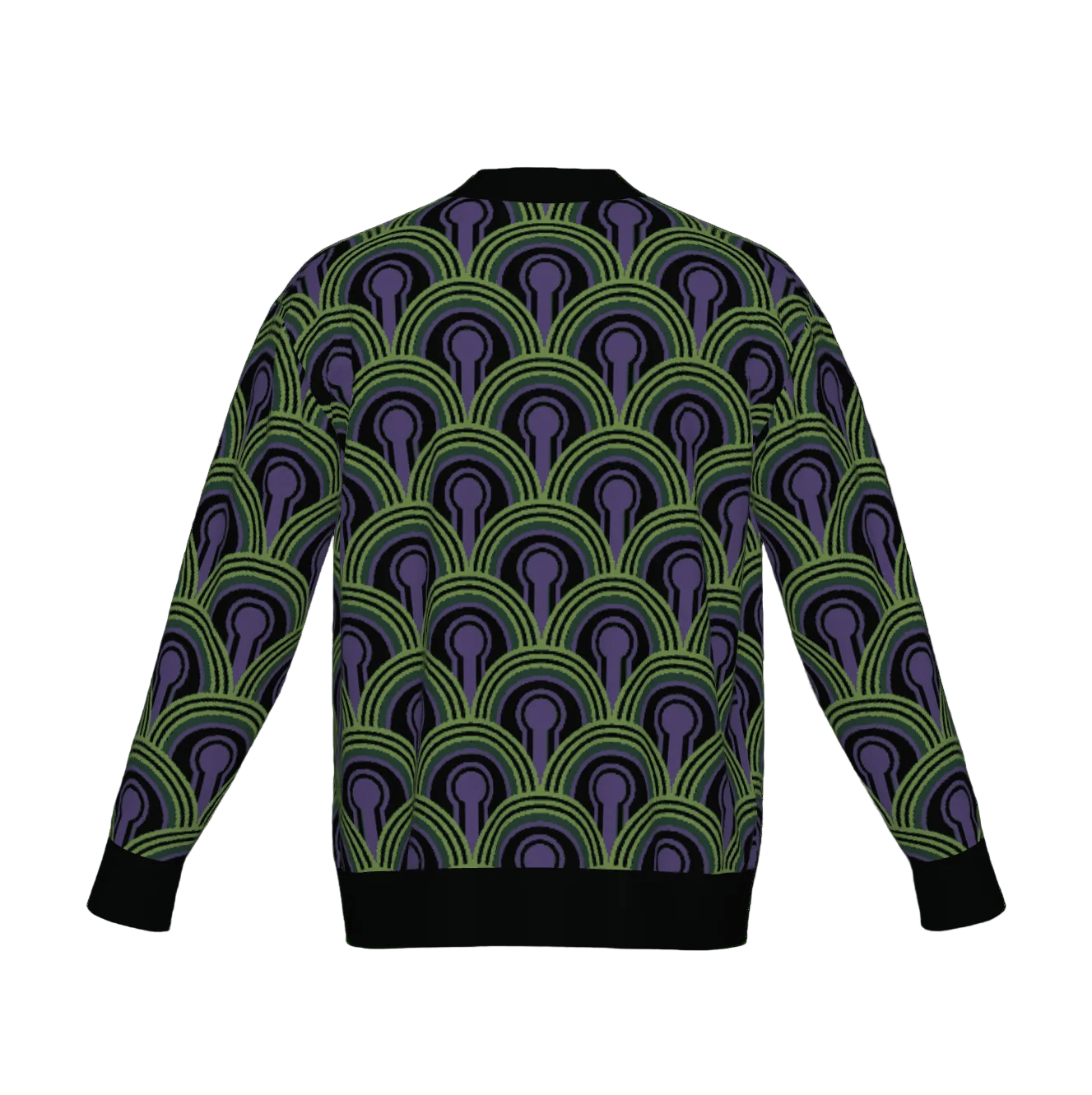 Room 237 Wallpaper pattern cardigan from The Overlook Hotel In Stephen King's The Shining. Green, purple and black knitwear on a white background.