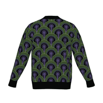 Room 237 Wallpaper pattern cardigan from The Overlook Hotel In Stephen King's The Shining. Green, purple and black knitwear on a white background.
