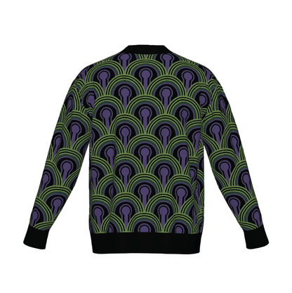 Room 237 Wallpaper pattern cardigan from The Overlook Hotel In Stephen King's The Shining. Green, purple and black knitwear on a white background.