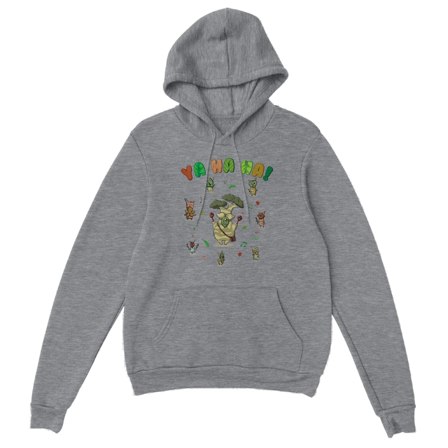 Grey Zelda hoodie with a colorful Hestu and Koroks graphic design on a white background