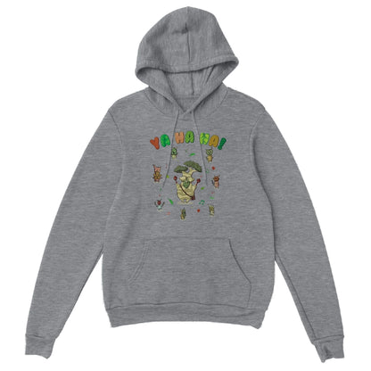 Grey Zelda hoodie with a colorful Hestu and Koroks graphic design on a white background