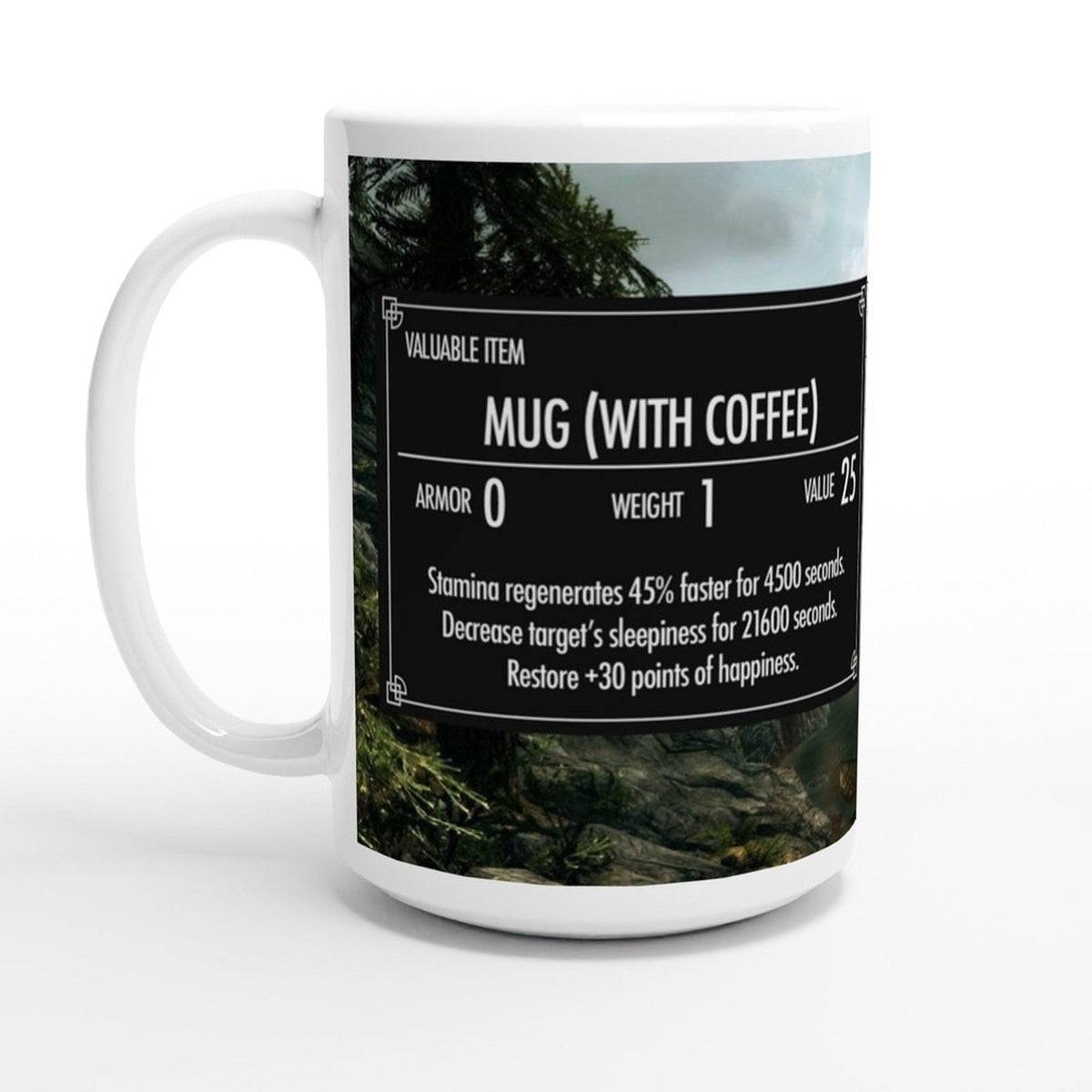 A white ceramic Skyrim coffee mug displays a graphic resembling an item card from The Elder Scrolls video game, featuring text and a landscape background.