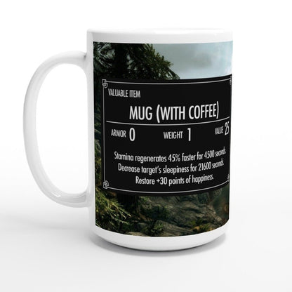 A white ceramic Skyrim coffee mug displays a graphic resembling an item card from The Elder Scrolls video game, featuring text and a landscape background.