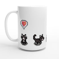 A white ceramic mug featuring pixel art of two tuxedo cats and a red heart, inspired by Stardew Valley.