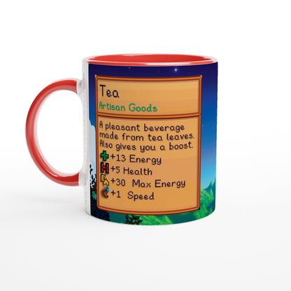 A white Stardew Custom Farm Mug displays a graphic of tea artisan goods information including energy and health boosts.