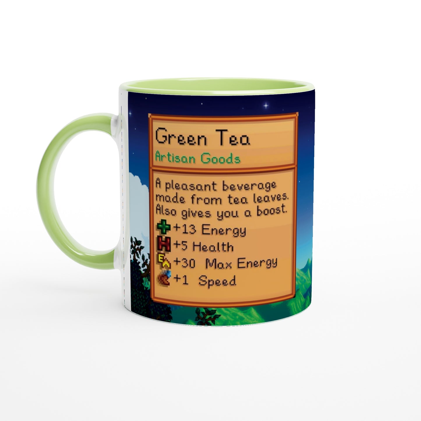 Stardew Valley Mug with Custom Backgrounds - Tea, Coffee, Hot Chocolate, Green Tea, Chai Latte, Triple Espresso, Pixel Art Gamer Gift