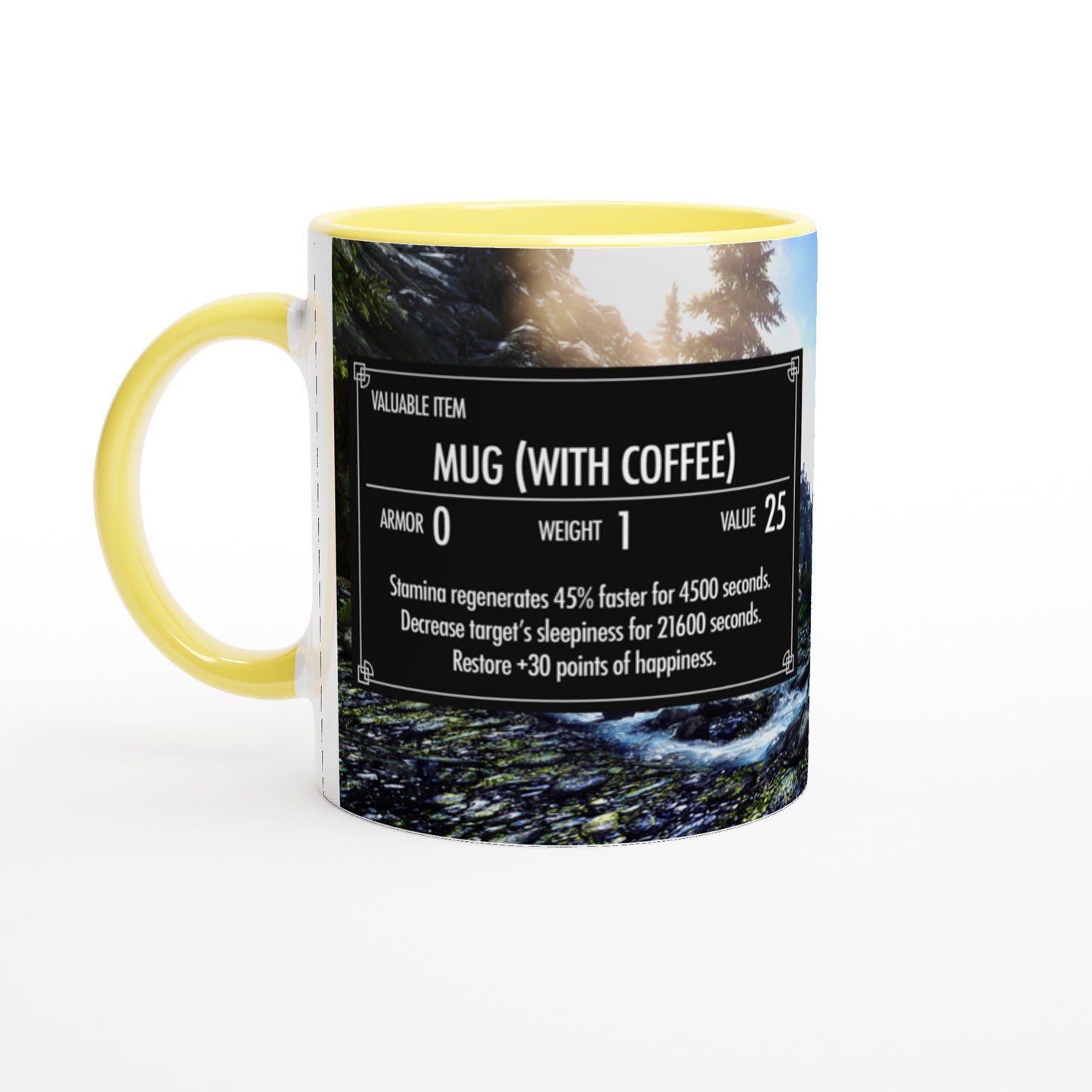 The Quirkify Skyrim 'Mug with Coffee' features a custom item card parody that boosts stamina and happiness while reducing sleepiness, screen-accurate for gamers and set against a scenic forest background.