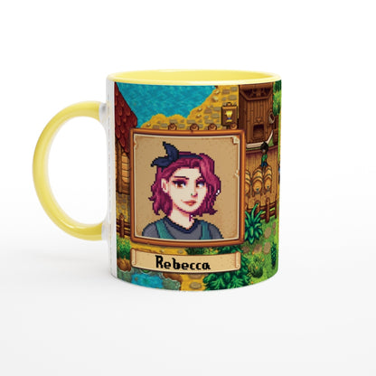 A white ceramic mug displays a pixelated Stardew character portrait of Rebecca within an ornate frame against a background depicting a building and foliage.