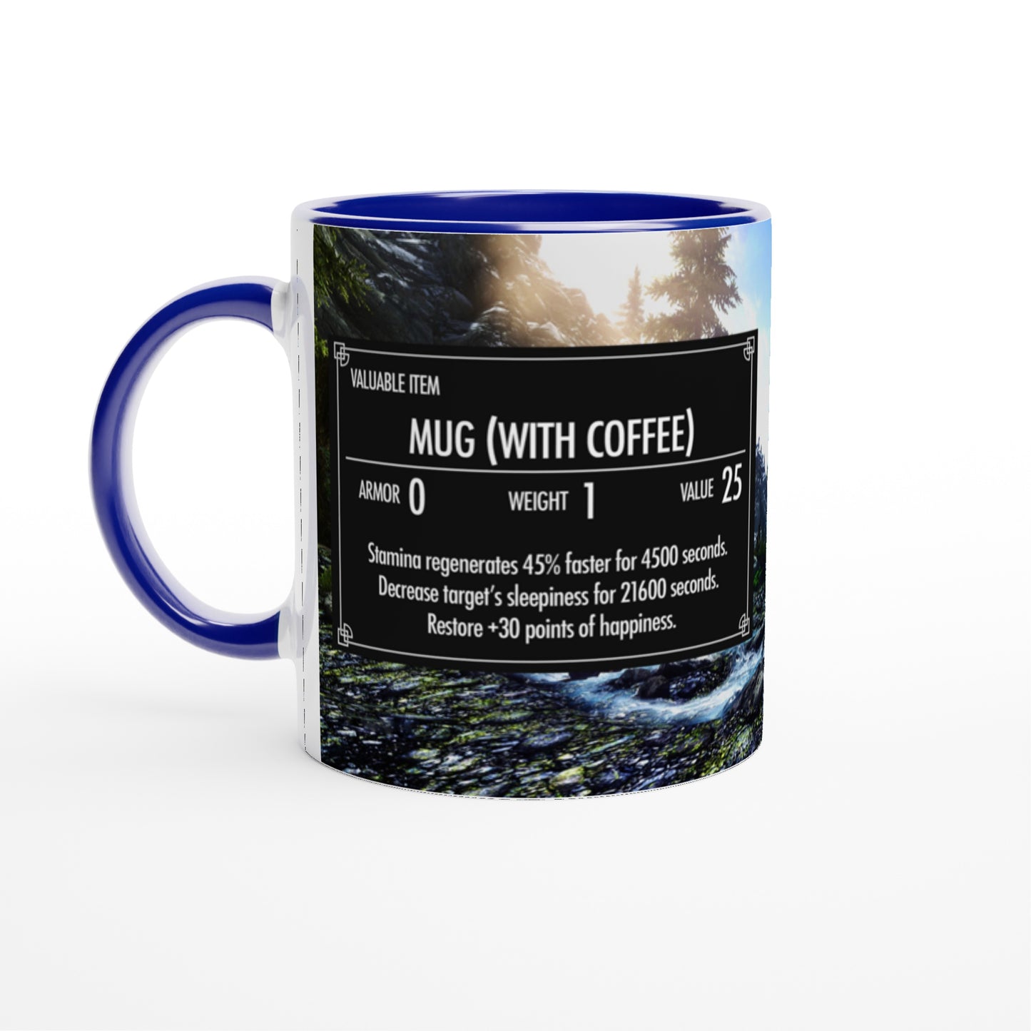 The Quirkify Skyrim 'Mug with Coffee' features a custom item card parody that boosts stamina and happiness while reducing sleepiness, screen-accurate for gamers and set against a scenic forest background.