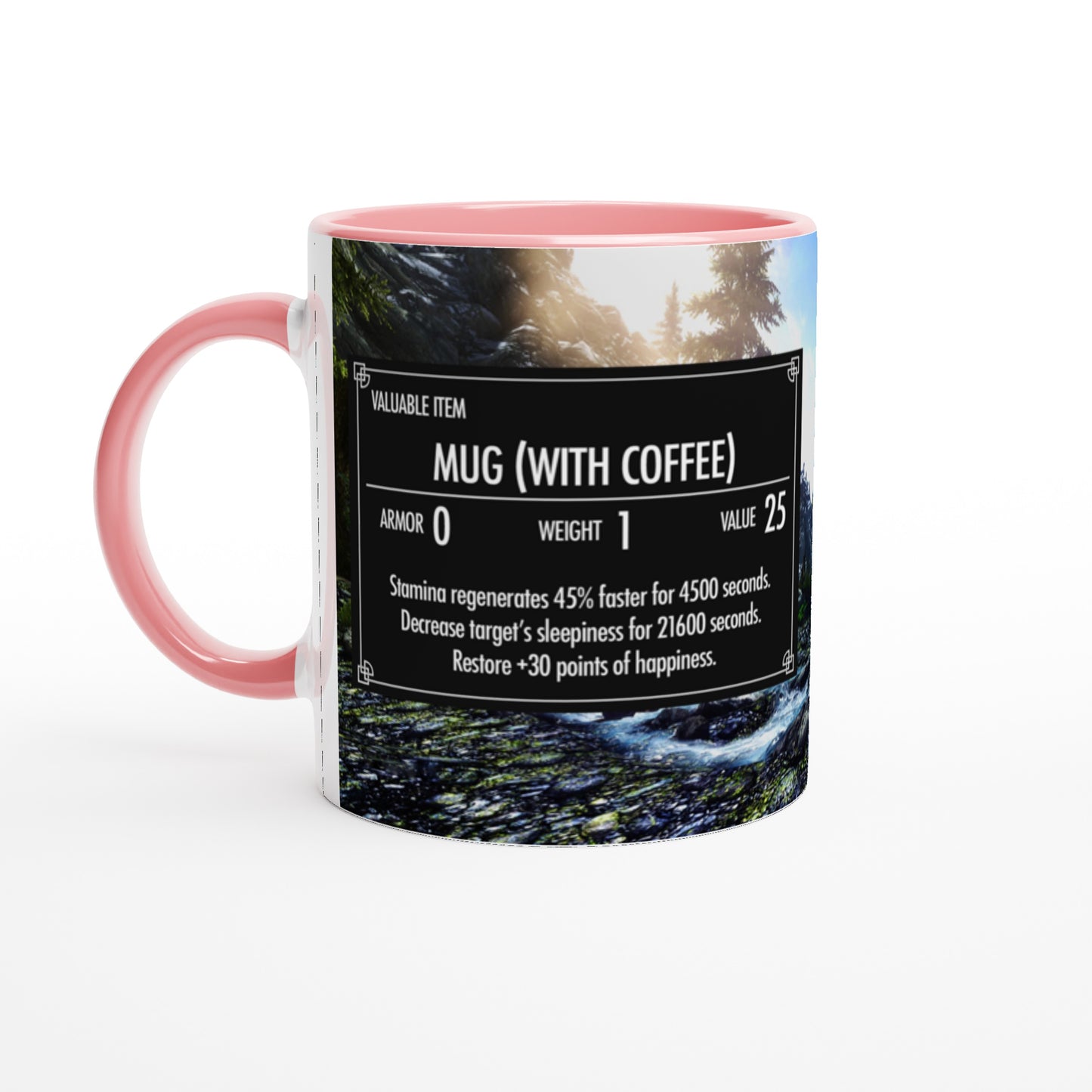 The Quirkify Skyrim 'Mug with Coffee' features a custom item card parody that boosts stamina and happiness while reducing sleepiness, screen-accurate for gamers and set against a scenic forest background.