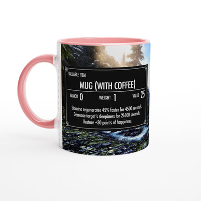 The Quirkify Skyrim 'Mug with Coffee' features a custom item card parody that boosts stamina and happiness while reducing sleepiness, screen-accurate for gamers and set against a scenic forest background.