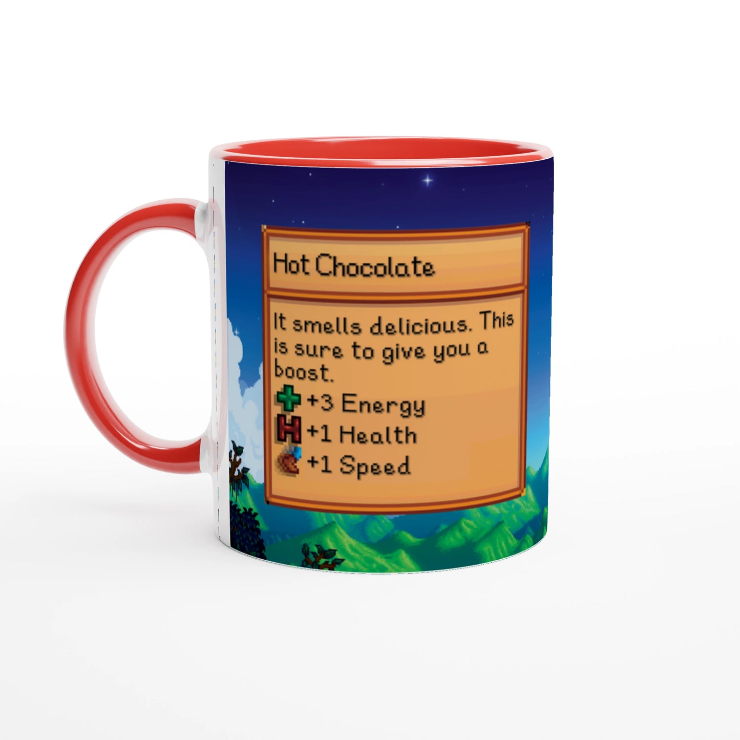 Mug Stardew Valley avec arrière-plans personnalisés - Thé, Café, Chocolat chaud, Thé vert, Chaï Latte, Triple Espresso, Cadeau pour Gamer en Pixel Art