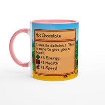 A white ceramic mug featuring a Stardew Valley pixel art interface describing Hot Chocolate and its energy, health, and speed boosts.