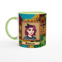 A white mug displays a pixelated Stardew character portrait of Rebecca within a decorative frame against a background from the game.