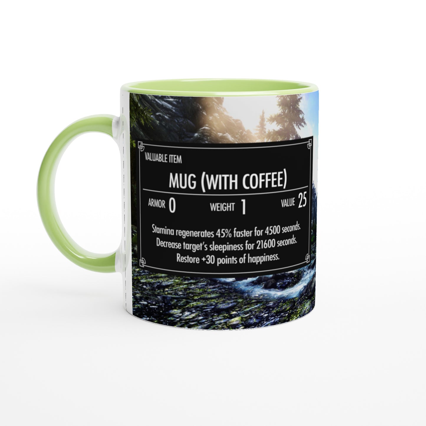 The Quirkify Skyrim 'Mug with Coffee' features a custom item card parody that boosts stamina and happiness while reducing sleepiness, screen-accurate for gamers and set against a scenic forest background.