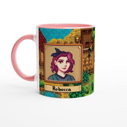 A white mug displays a pixelated Stardew avatar of Rebecca within a decorative frame against a background from the game.