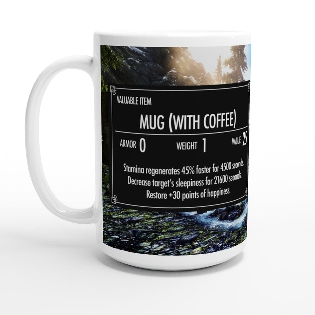 A white ceramic mug displays a graphic resembling an item description from the video game Skyrim, featuring text and statistics against a background of mountains and water.