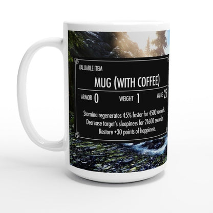 A white ceramic mug displays a graphic resembling an item description from the video game Skyrim, featuring text and statistics against a background of mountains and water.