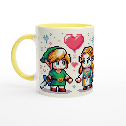 A white mug features chibi pixel art of Link and Zelda from The Legend of Zelda standing together with a heart above them.