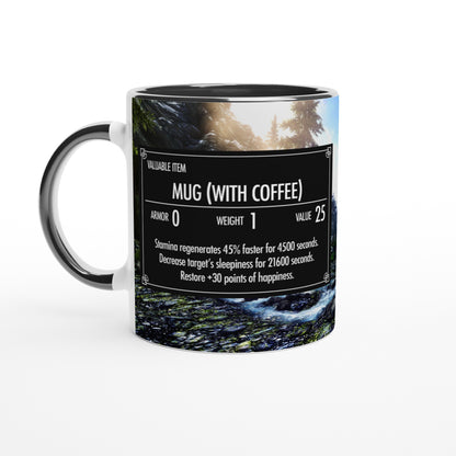 The Quirkify Skyrim 'Mug with Coffee' features a custom item card parody that boosts stamina and happiness while reducing sleepiness, screen-accurate for gamers and set against a scenic forest background.