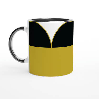 This ceramic mug displays a design inspired by Star Trek: The Next Generation uniforms, featuring yellow, black, and white panels.