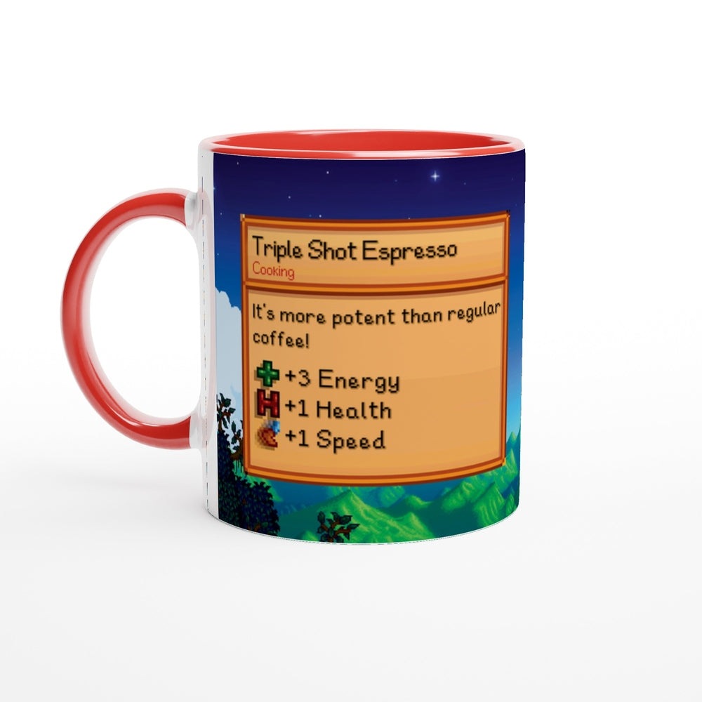 A white ceramic mug featuring pixel art from Stardew Valley that displays a Triple Shot Espresso item description with energy, health, and speed buffs.