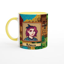 A white ceramic mug displays a pixelated Stardew character portrait of Rebecca within an ornate frame against a landscape background.