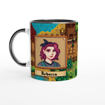 A ceramic mug displays a pixelated Stardew avatar of Rebecca within a decorative frame against a background depicting farm scenery and the name "Rebecca" printed below.