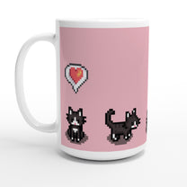 A white ceramic mug featuring pixel art tuxedo cats and a heart on a pink background, inspired by Stardew Valley.