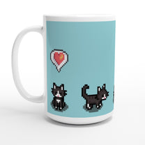 A white ceramic mug featuring pixelated Stardew Valley style tuxedo cats and a red heart icon on a light blue background.