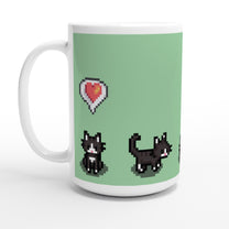 A white ceramic mug featuring pixel art of tuxedo cats and a red heart on a light green background, inspired by Stardew Valley.