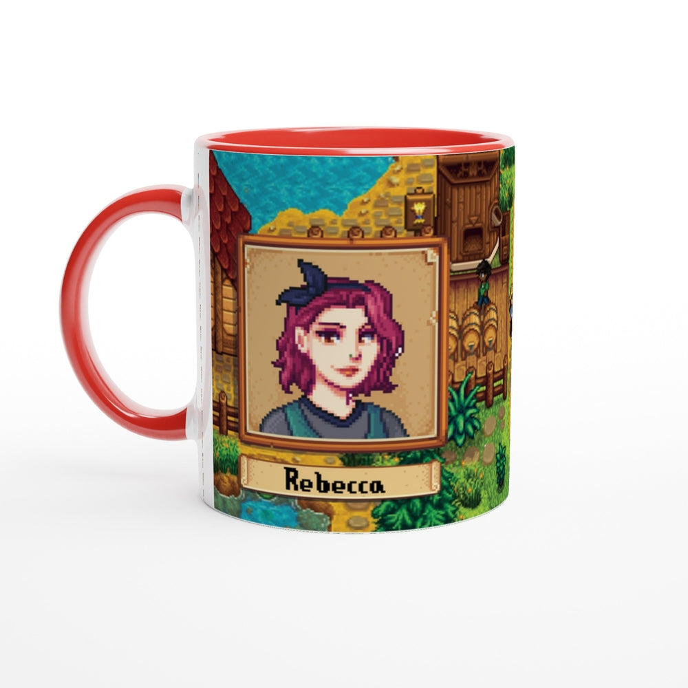 A red mug displays a pixelated Stardew avatar of Rebecca within a decorative frame against a background inspired by the game's environment.