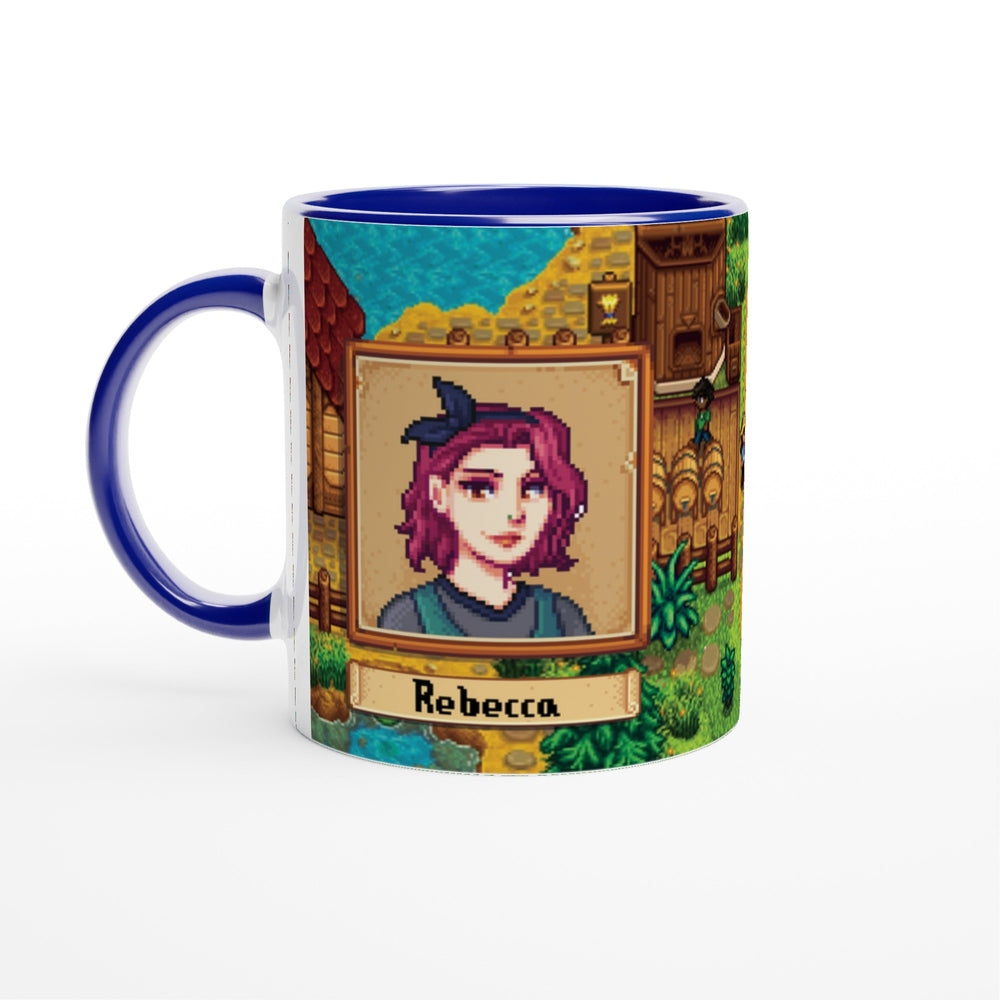 A blue Stardew Custom Avatar Mug displays a pixelated portrait of Rebecca against a backdrop from the game.