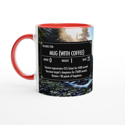 The Quirkify Skyrim 'Mug with Coffee' features a custom item card parody that boosts stamina and happiness while reducing sleepiness, screen-accurate for gamers and set against a scenic forest background.