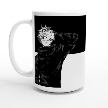 The Quirkify Jujutsu Kaisen Yin Yang Mug showcases Gojo and Geto in a balanced black and white design, inspired by their iconic looks from the anime.