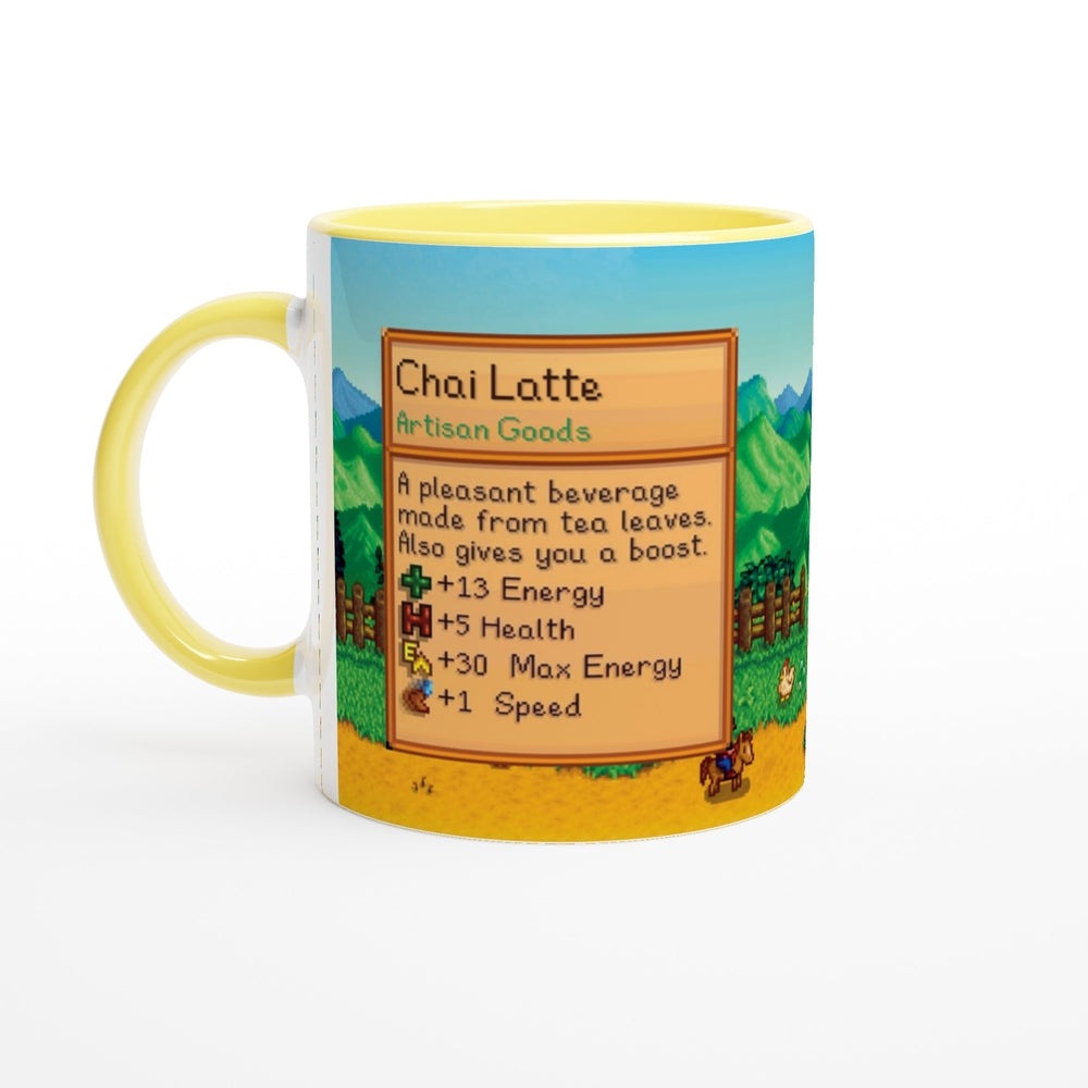 A white ceramic mug featuring a Stardew Valley pixel art interface describing a Chai Latte artisan good with energy and speed boosts.