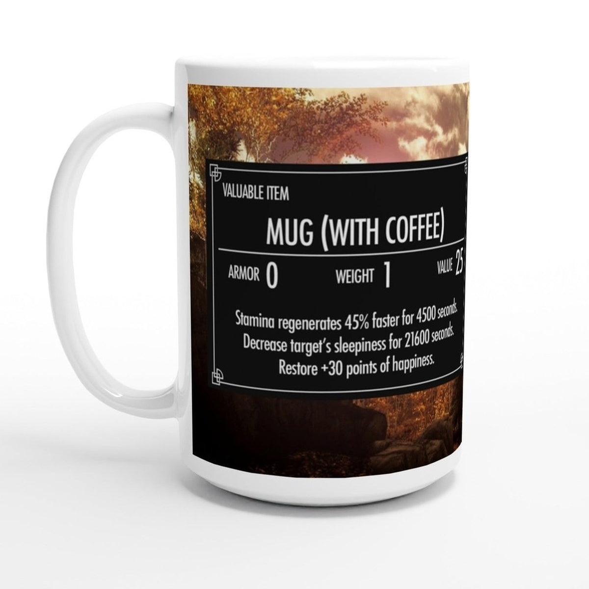 A white ceramic Skyrim coffee mug displays a graphic resembling an Elder Scrolls item card with text and a landscape background.