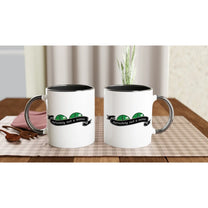 Two white D&D mugs with black interiors and handles display a graphic reading "Definitely Not A Mimic.