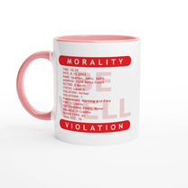 This white mug features a pink design resembling a "Morality Violation Ticket" from the movie Demolition Man, displaying details like time, name, and violation type.