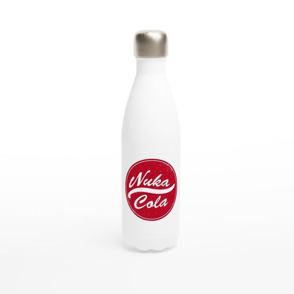 A white insulated water bottle displays a red circular logo featuring "Nuka-Cola" in white lettering, referencing the Fallout video game series.