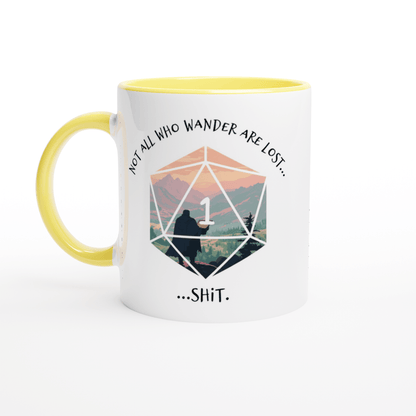 A white ceramic mug with a yellow handle and rim features a D&D-style die graphic displaying the number one within a mountain landscape scene and text referencing wandering and a critical failure.